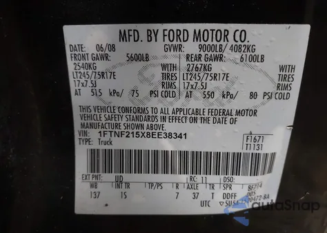 2008 Ford F-250 Xl/Xlt из США, поврежденный, VIN 1FTNF215X8EE38341